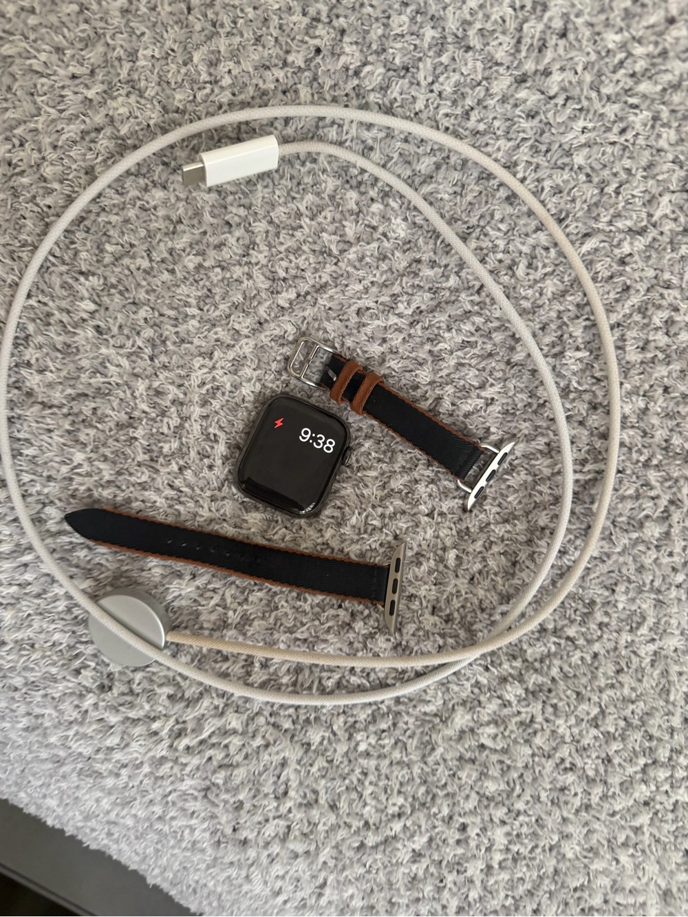 Apple Watch with Black Face and Brown-Trim Leather Band